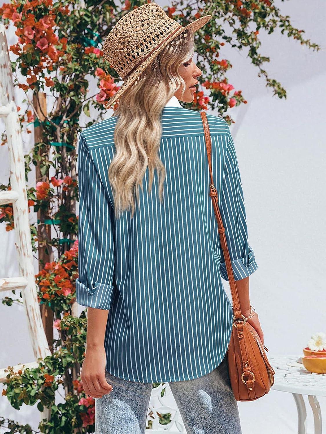 imageStriped Button Down Shirts for Women Cotton Dress Shirt Long Sleeve Collared Blouse Tops Business Office AttirePeacock Green Striped