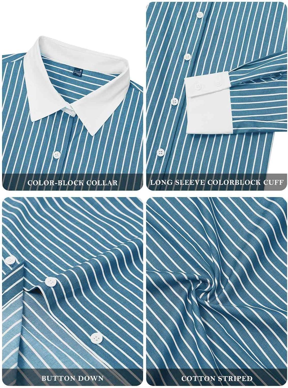imageStriped Button Down Shirts for Women Cotton Dress Shirt Long Sleeve Collared Blouse Tops Business Office AttirePeacock Green Striped