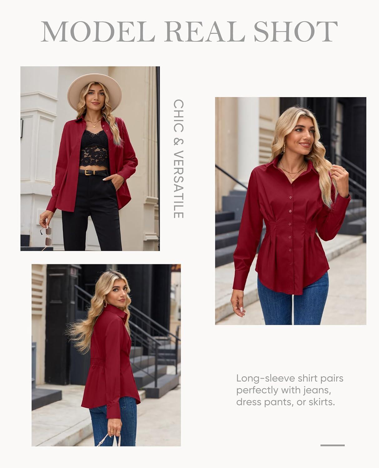 imagesiliteelon Button Down Shirts for Women Cinched Waist Dress Shirt Cotton Long Sleeve Business Casual Work Office BlouseBurgundy