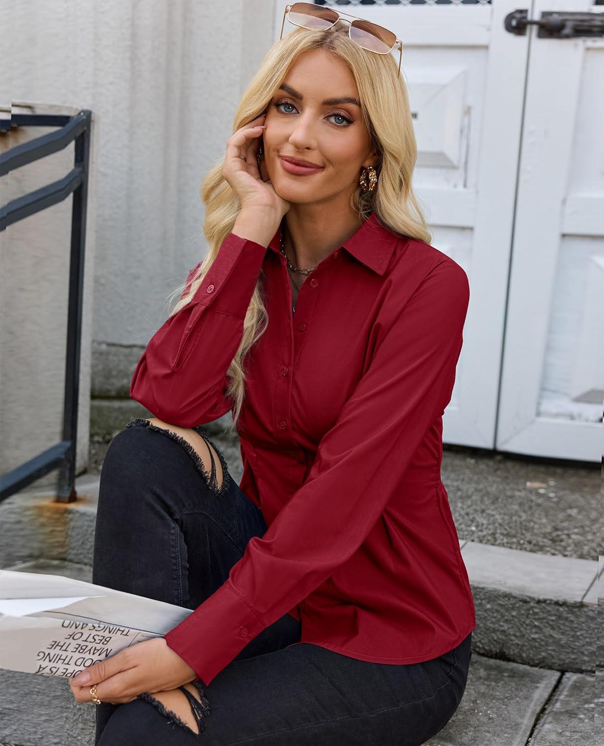 imagesiliteelon Button Down Shirts for Women Cinched Waist Dress Shirt Cotton Long Sleeve Business Casual Work Office BlouseBurgundy