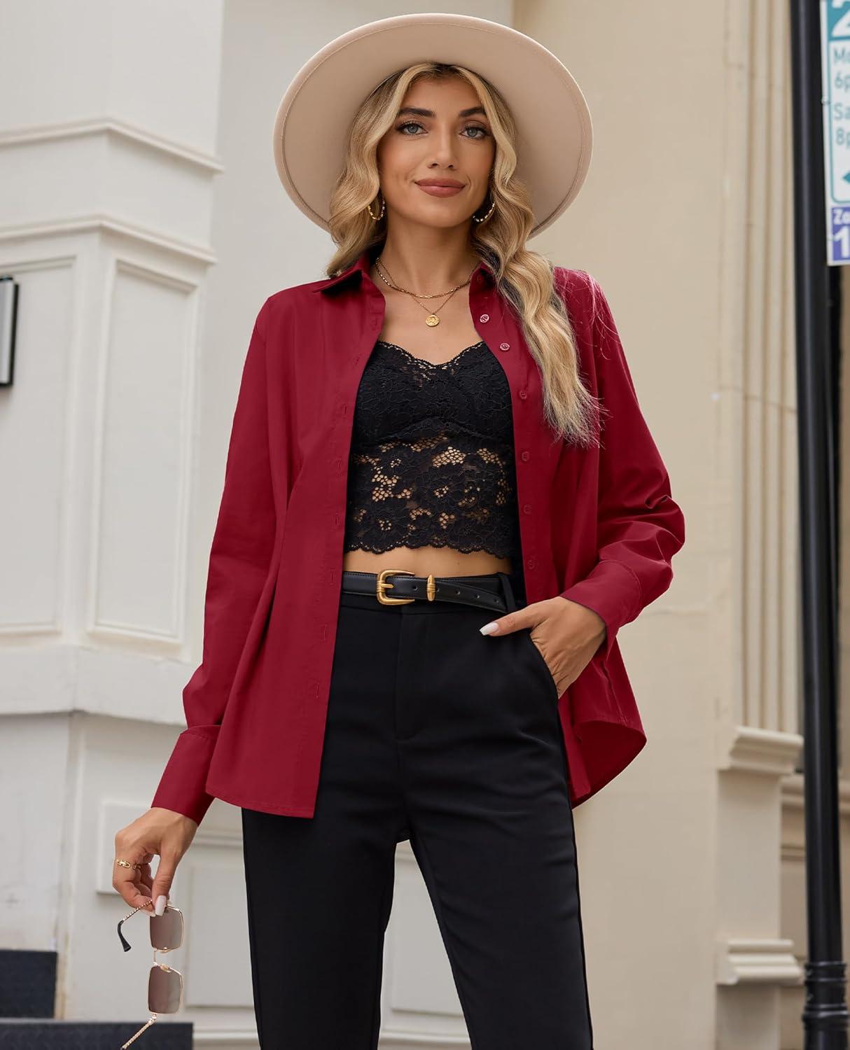 imagesiliteelon Button Down Shirts for Women Cinched Waist Dress Shirt Cotton Long Sleeve Business Casual Work Office BlouseBurgundy
