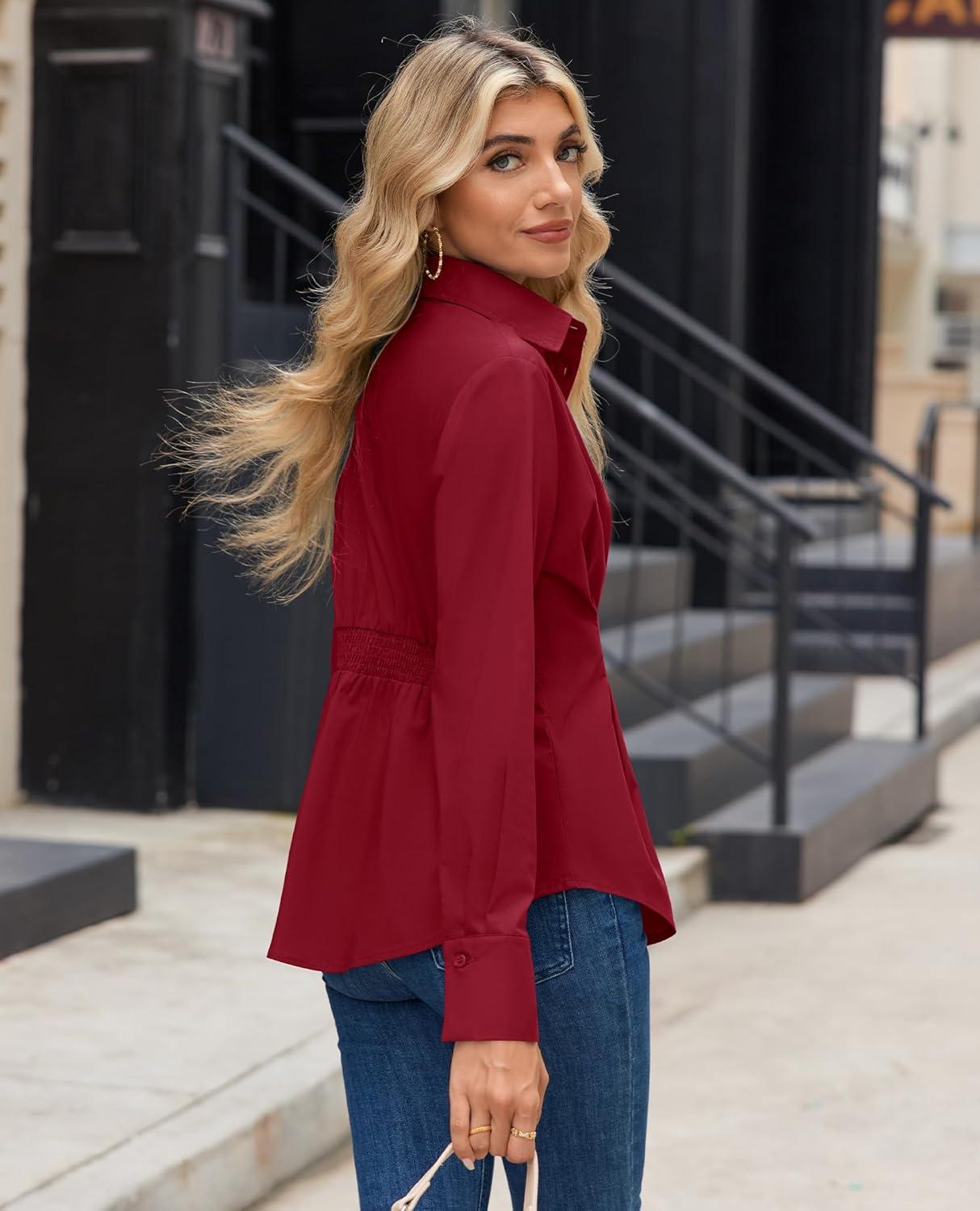 imagesiliteelon Button Down Shirts for Women Cinched Waist Dress Shirt Cotton Long Sleeve Business Casual Work Office BlouseBurgundy