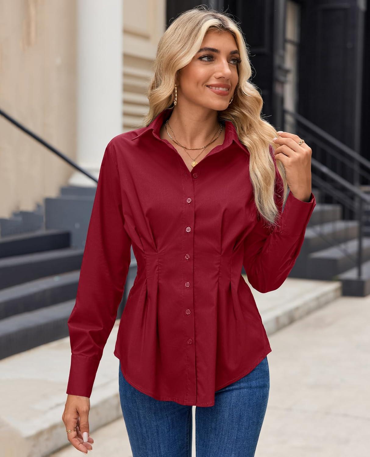 imagesiliteelon Button Down Shirts for Women Cinched Waist Dress Shirt Cotton Long Sleeve Business Casual Work Office BlouseBurgundy