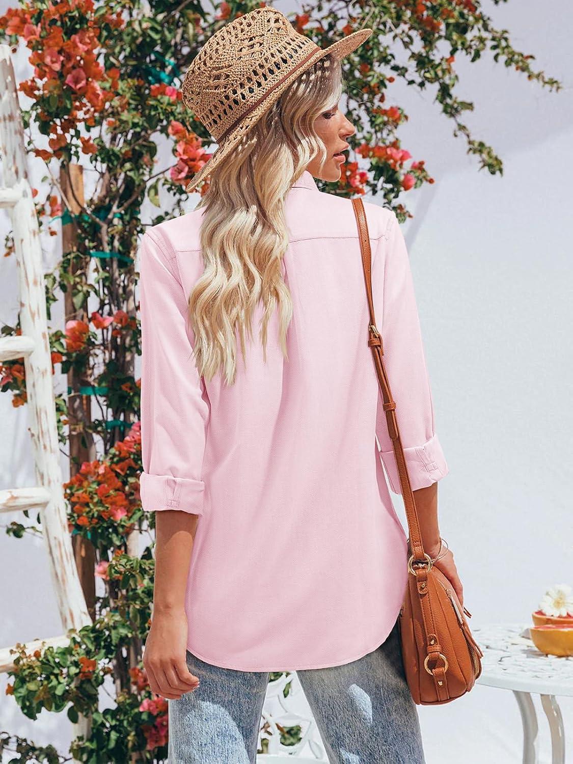 imagesiliteelon Button Down Shirts for Women Oxford Shirt Cotton Dress Shirts Collared Long Sleeve Wrinkle Free Blouse TopsB Light Pink