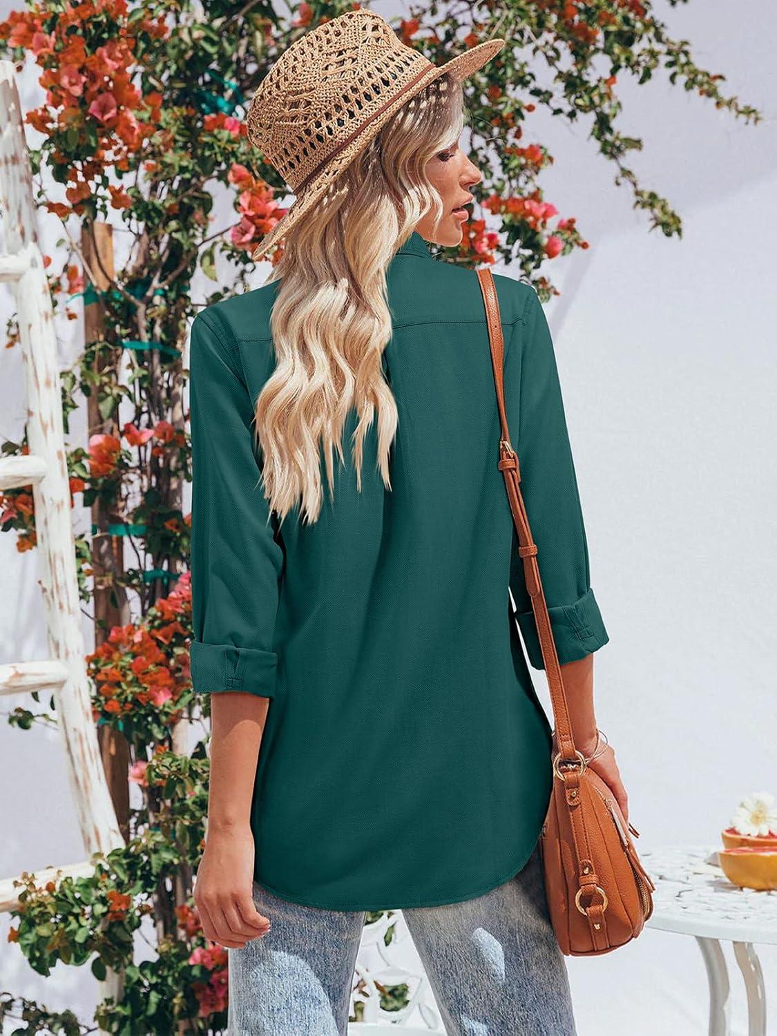 imagesiliteelon Button Down Shirts for Women Oxford Shirt Cotton Dress Shirts Collared Long Sleeve Wrinkle Free Blouse TopsDark Green