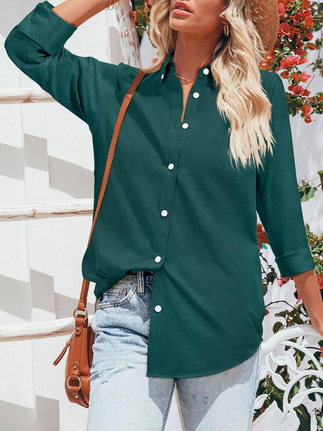 imagesiliteelon Button Down Shirts for Women Oxford Shirt Cotton Dress Shirts Collared Long Sleeve Wrinkle Free Blouse TopsDark Green