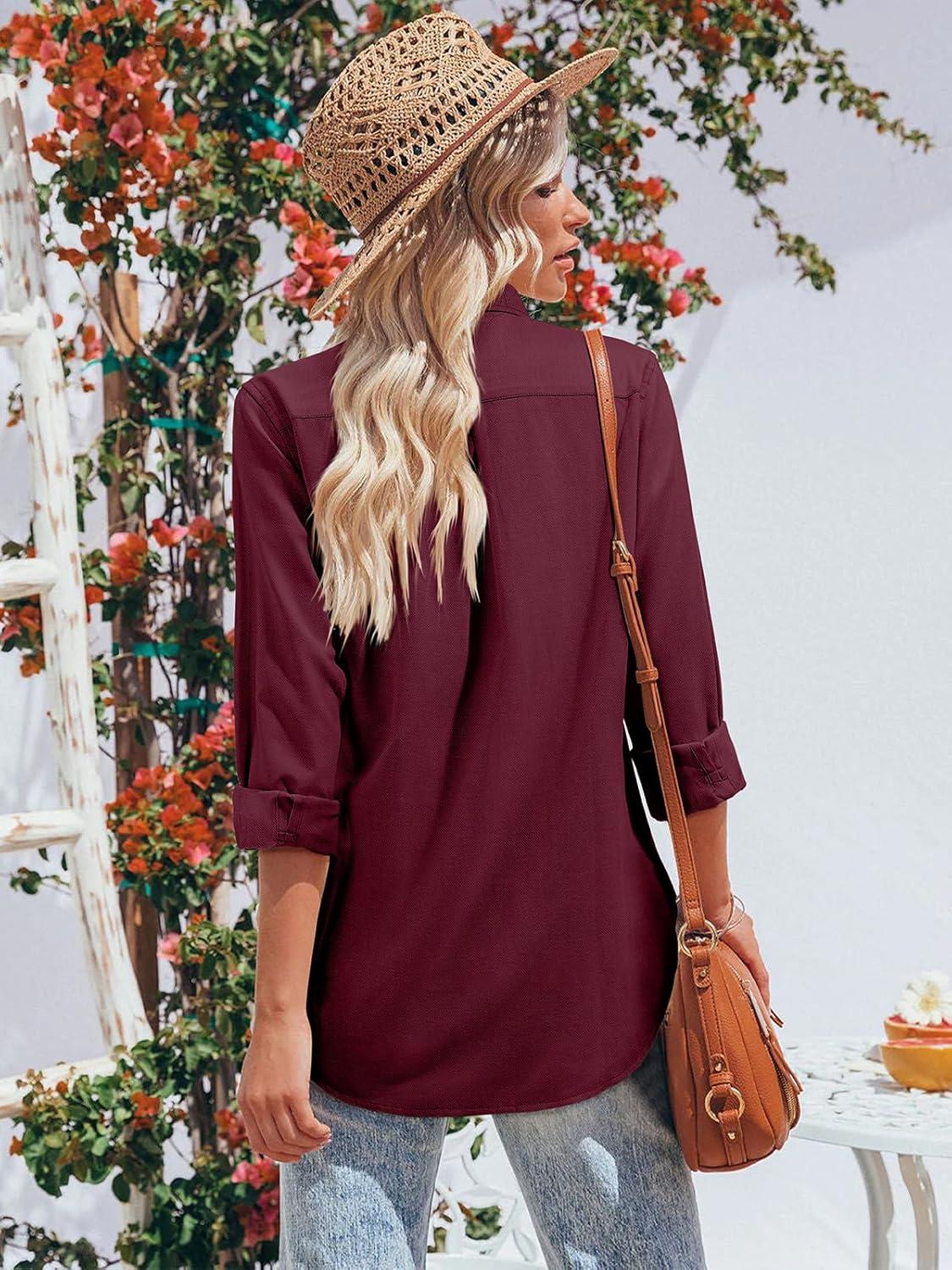 imagesiliteelon Button Down Shirts for Women Oxford Shirt Cotton Dress Shirts Collared Long Sleeve Wrinkle Free Blouse TopsWine Red