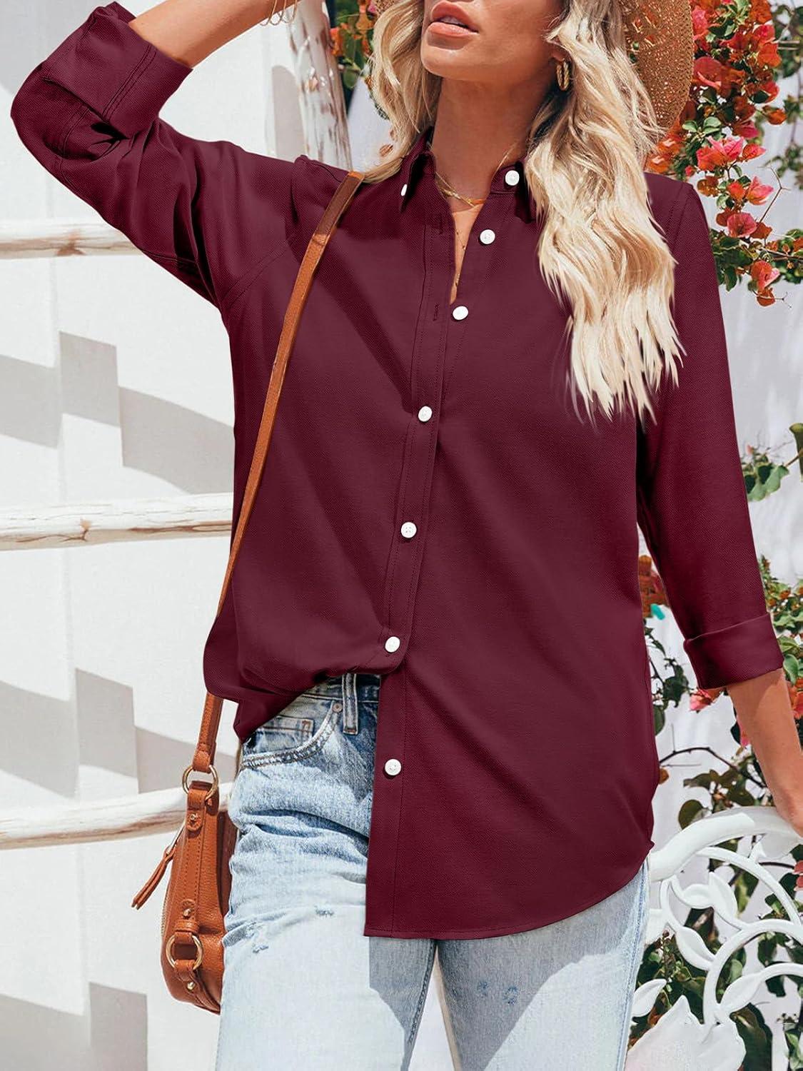 imagesiliteelon Button Down Shirts for Women Oxford Shirt Cotton Dress Shirts Collared Long Sleeve Wrinkle Free Blouse TopsWine Red
