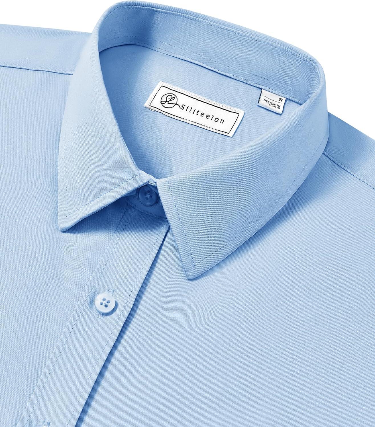 imagesiliteelon Button Down Shirts for Women Wrinkle Free Long Sleeve Classic Fit Collared Dress Shirt Solid Formal OfficeBlue