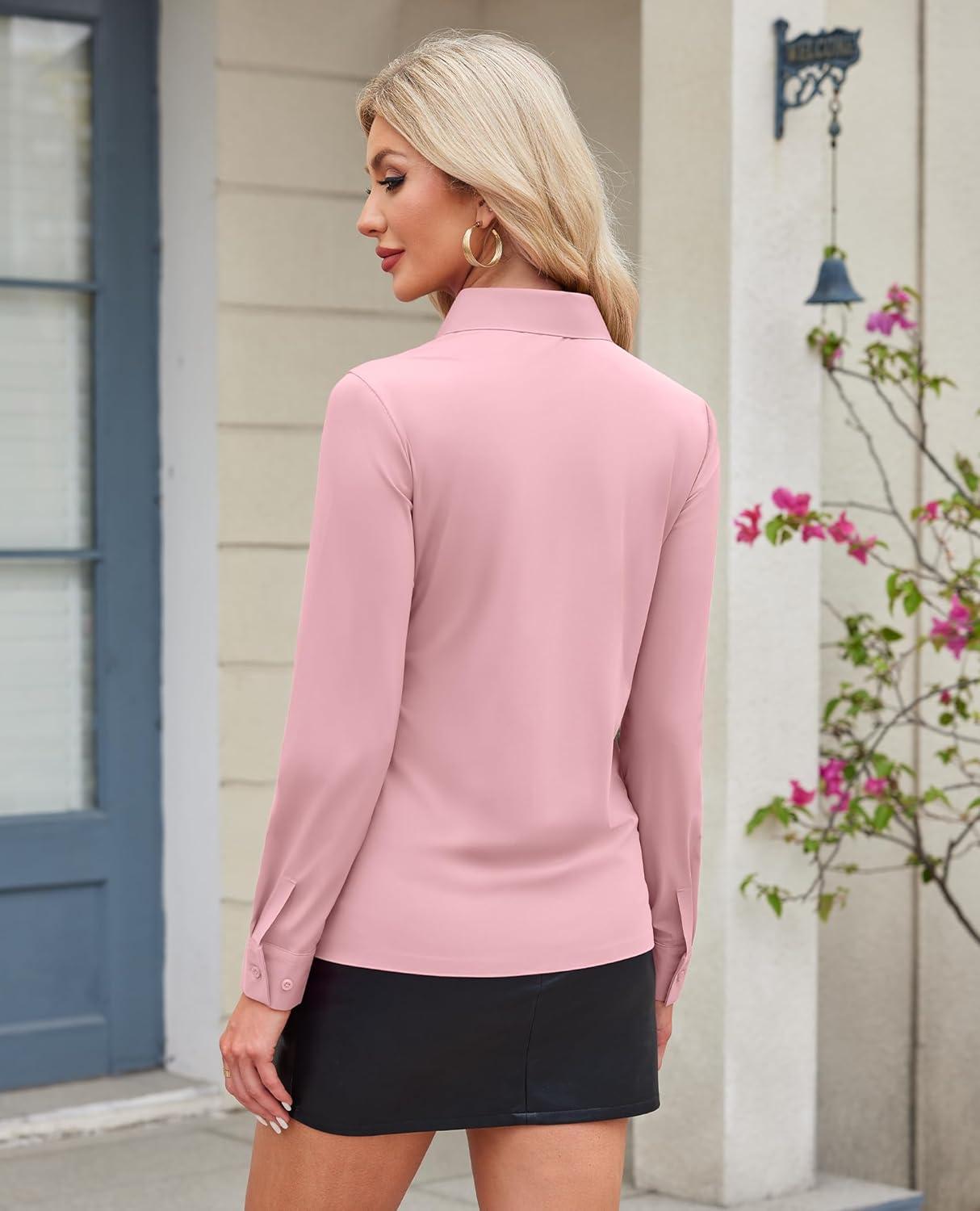 imagesiliteelon Womens Button Down Shirt Slim Fit Long Sleeve Business Shirts with 4Way Stretch Wrinkle FreePink