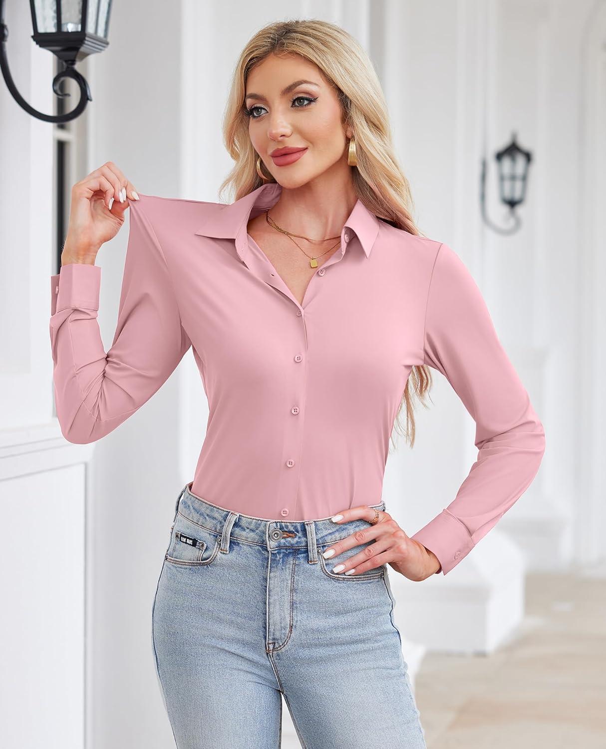 imagesiliteelon Womens Button Down Shirt Slim Fit Long Sleeve Business Shirts with 4Way Stretch Wrinkle FreePink