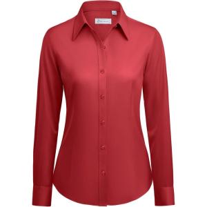 siliteelon Button Down Shirts for Women: Wrinkle Free Long Sleeve Classic Fit Collared Dress Shirt Solid Formal Office(Red)