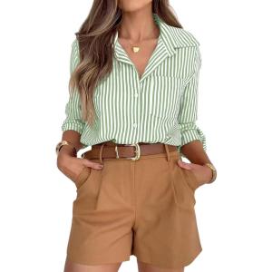 siliteelon Striped Button Down Shirts for Women Dress Shirts Long Sleeve Casual Collared Office Work Shirt with Pocket(Sage Green)