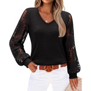 siliteelon Womens Blouses Long Sleeve Shirts V Neck Floral Lace Tops Elegant Business Casual Outfits(Black)