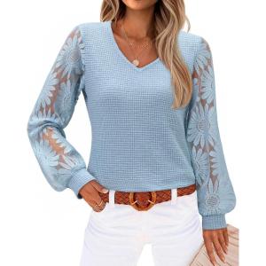 siliteelon Womens Blouses Long Sleeve Shirts V Neck Floral Lace Tops Elegant Business Casual Outfits(Blue)
