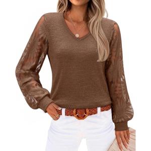 siliteelon Womens Blouses Long Sleeve Shirts V Neck Floral Lace Tops Elegant Business Casual Outfits(Brown)