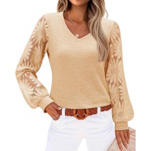 siliteelon Womens Blouses Long Sleeve Shirts V Neck Floral Lace Tops Elegant Business Casual Outfits(Light Khaki)