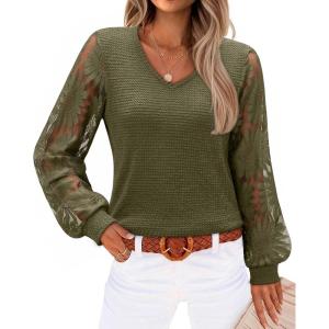 siliteelon Womens Blouses Long Sleeve Shirts V Neck Floral Lace Tops Elegant Business Casual Outfits(Olive Green)