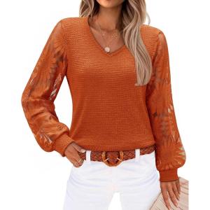 siliteelon Womens Blouses Long Sleeve Shirts V Neck Floral Lace Tops Elegant Business Casual Outfits(Orange)