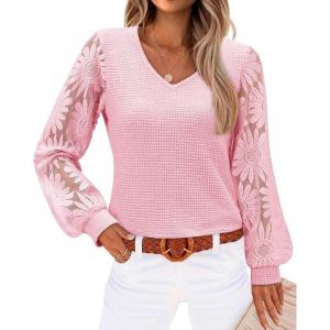 siliteelon Womens Blouses Long Sleeve Shirts V Neck Floral Lace Tops Elegant Business Casual Outfits(Pink)