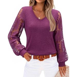 siliteelon Womens Blouses Long Sleeve Shirts V Neck Floral Lace Tops Elegant Business Casual Outfits(Purple)