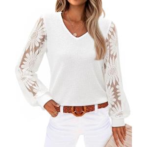 siliteelon Womens Blouses Long Sleeve Shirts V Neck Floral Lace Tops Elegant Business Casual Outfits(White)