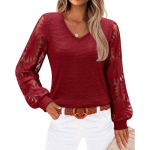 siliteelon Womens Blouses Long Sleeve Shirts V Neck Floral Lace Tops Elegant Business Casual Outfits(Wine Red)