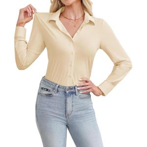 siliteelon Women’s Button Down Shirt Slim Fit Long Sleeve Business Shirts with 4-Way Stretch Wrinkle Free(Beige)