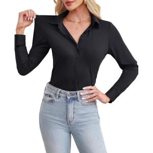 siliteelon Women’s Button Down Shirt Slim Fit Long Sleeve Business Shirts with 4-Way Stretch Wrinkle Free(Black)
