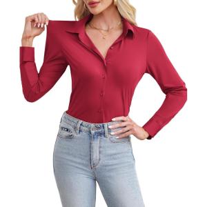 siliteelon Women’s Button Down Shirt Slim Fit Long Sleeve Business Shirts with 4-Way Stretch Wrinkle Free(Burgundy)