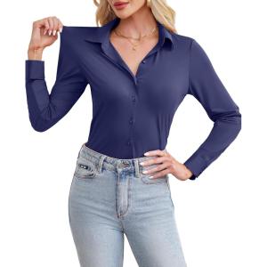 siliteelon Women’s Button Down Shirt Slim Fit Long Sleeve Business Shirts with 4-Way Stretch Wrinkle Free(Navy Blue)