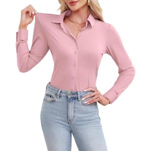 siliteelon Women’s Button Down Shirt Slim Fit Long Sleeve Business Shirts with 4-Way Stretch Wrinkle Free(Pink)