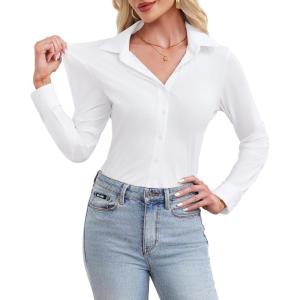 siliteelon Women’s Button Down Shirt Slim Fit Long Sleeve Business Shirts with 4-Way Stretch Wrinkle Free(White)