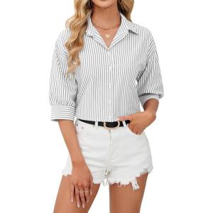 siliteelon Button Down Shirts for Women Striped Dress Shirts 3/4 Sleeve Wrinkle Free Casual Collared Blouse Office Work Shirt