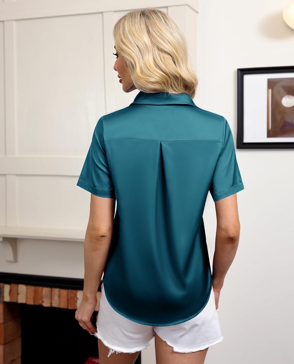 imagesiliteelon Satin Button Down Shirts for Women Short Sleeve Silk Blouse V Neck Work Office Blouse Dressy Elegant TopPeacock Blue