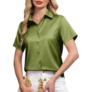 siliteelon Satin Button Down Shirts for Women Short Sleeve Silk Blouse V Neck Work Office Blouse Dressy Elegant Top(Army Green)