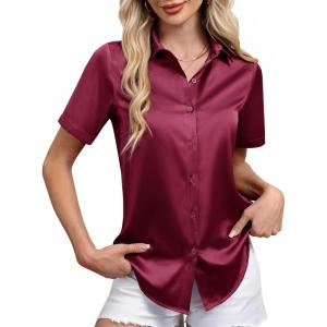 siliteelon Satin Button Down Shirts for Women Short Sleeve Silk Blouse V Neck Work Office Blouse Dressy Elegant Top(Burgundy)