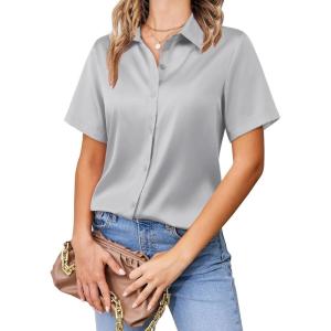 siliteelon Satin Button Down Shirts for Women Short Sleeve Silk Blouse V Neck Work Office Blouse Dressy Elegant Top(Light Grey)