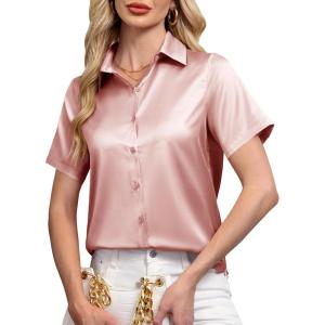 siliteelon Satin Button Down Shirts for Women Short Sleeve Silk Blouse V Neck Work Office Blouse Dressy Elegant Top(Pink)