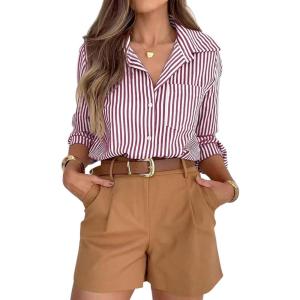 siliteelon Striped Button Down Shirts for Women Dress Shirts Long Sleeve Casual Collared Office Work Shirt with Pocket(Maroon)