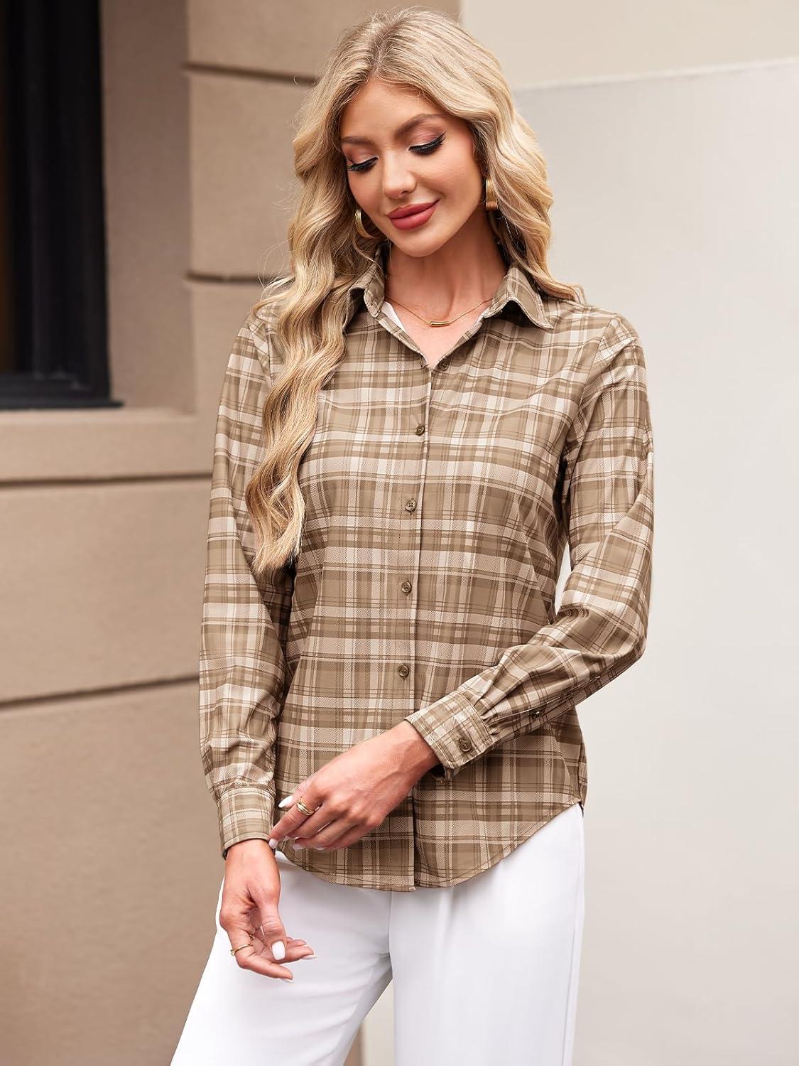 imageWomens Button Down Shirts Plaid Long Sleeve Dress Shirt Collared Fitted Blouses Wrinkle Free Casual Office Work TopsB Khaki and Brown