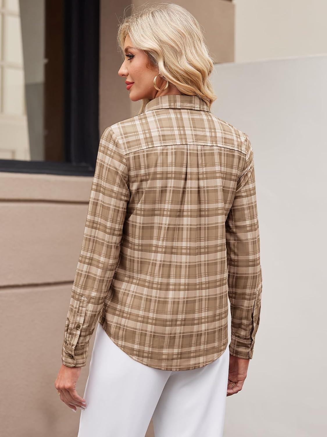 imageWomens Button Down Shirts Plaid Long Sleeve Dress Shirt Collared Fitted Blouses Wrinkle Free Casual Office Work TopsB Khaki and Brown