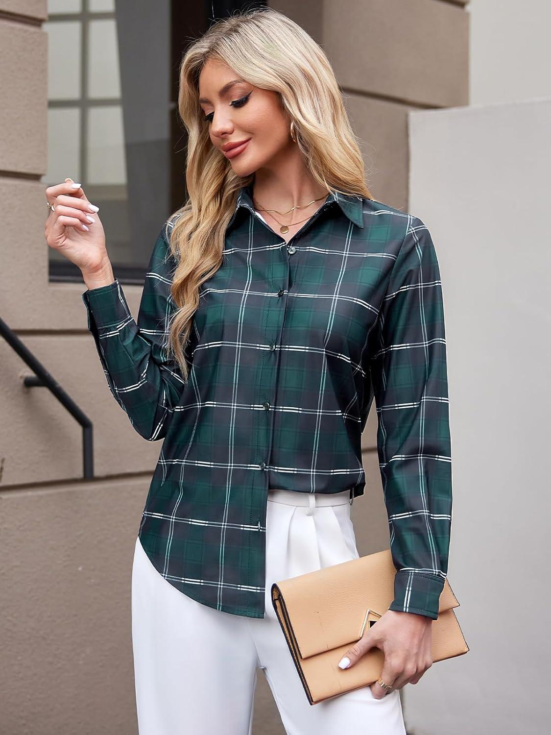 imageWomens Button Down Shirts Plaid Long Sleeve Dress Shirt Collared Fitted Blouses Wrinkle Free Casual Office Work TopsDark Green Plaid