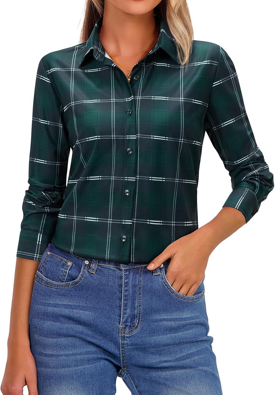 imageWomens Button Down Shirts Plaid Long Sleeve Dress Shirt Collared Fitted Blouses Wrinkle Free Casual Office Work TopsDark Green Plaid