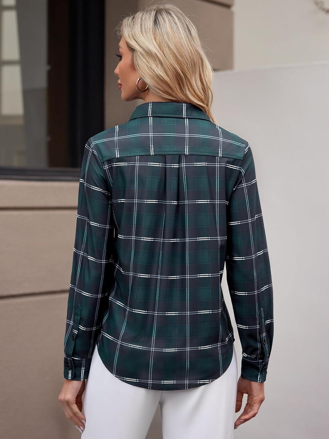 imageWomens Button Down Shirts Plaid Long Sleeve Dress Shirt Collared Fitted Blouses Wrinkle Free Casual Office Work TopsDark Green Plaid