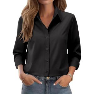 siliteelon Button Down Shirts for Women: Wrinkle Free Long Sleeve Regular Fit Collared Dress Shirt Solid Formal Office(Black)