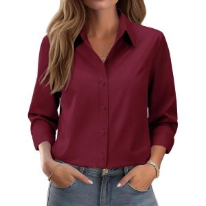 siliteelon Button Down Shirts for Women: Wrinkle Free Long Sleeve Regular Fit Collared Dress Shirt Solid Formal Office(Burgundy)