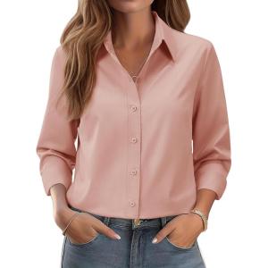 siliteelon Button Down Shirts for Women: Wrinkle Free Long Sleeve Regular Fit Collared Dress Shirt Solid Formal Office(Dusty Pink)