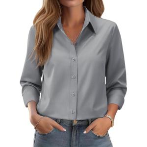 siliteelon Button Down Shirts for Women: Wrinkle Free Long Sleeve Regular Fit Collared Dress Shirt Solid Formal Office(Grey)