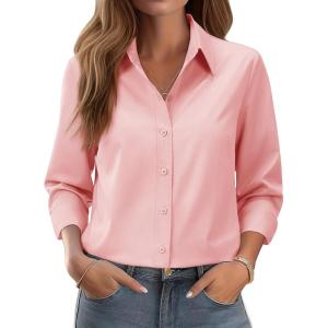 siliteelon Button Down Shirts for Women: Wrinkle Free Long Sleeve Regular Fit Collared Dress Shirt Solid Formal Office(Pink)